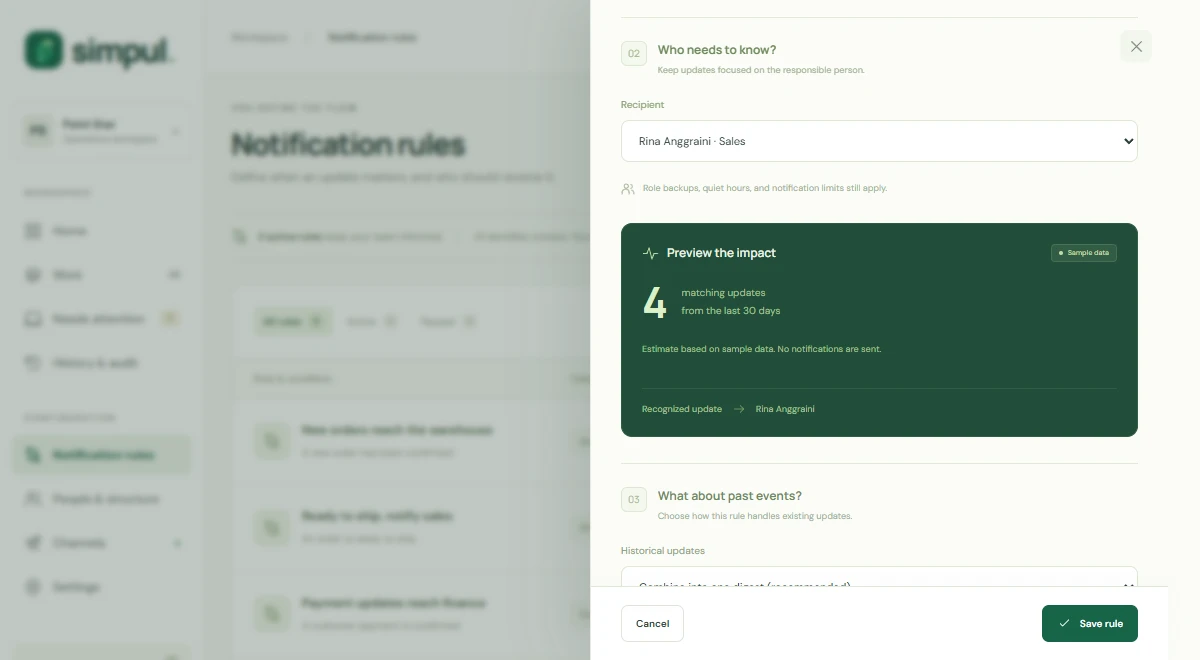 A notification rule being created: the recipient is Rina Anggraini in Sales, and the preview shows 4 matching updates from the last 30 days.